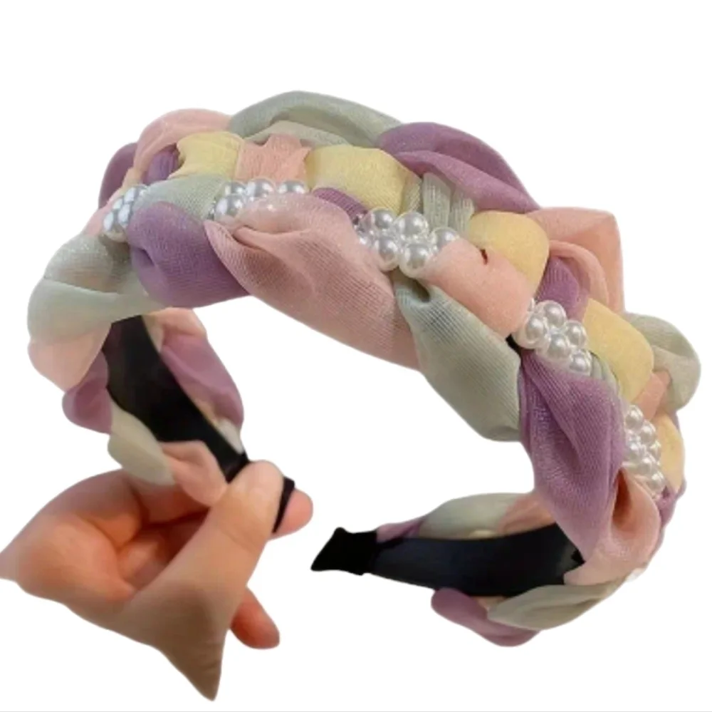 Faux pearl wide braided color block headband hair accessories